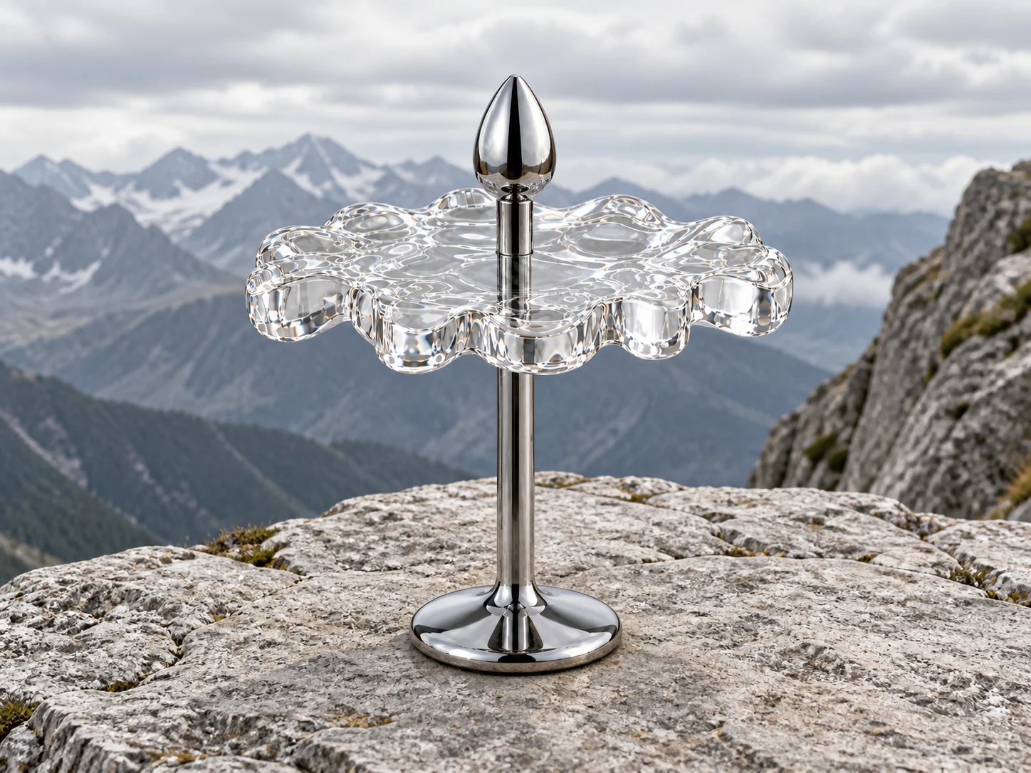 Clear BPS—01 stool on a rocky alpine terrace, presented as a fictional location study